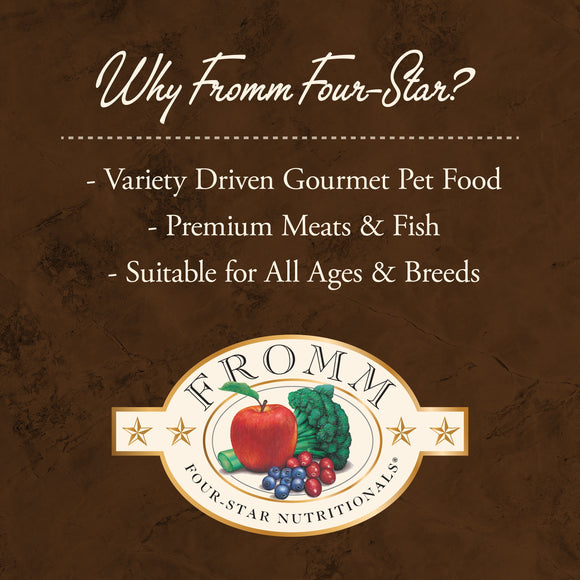 Promotional graphic for Fromm Four-Star pet food with text and logo on a brown background