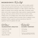 Product label with ingredients, guaranteed analysis, and caloric content on a white background.
