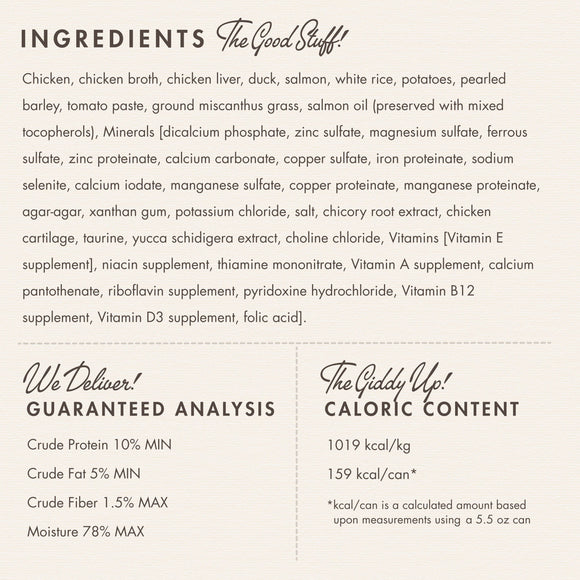 Product label with ingredients, guaranteed analysis, and caloric content on a white background.