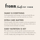Fromm Family Pet Food advertisement with text about their commitment to pet care.