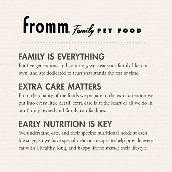 Fromm Family Pet Food advertisement with text about their commitment to pet care.