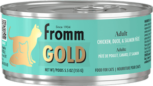 Can of Fromm Gold cat food with teal label and silver lid