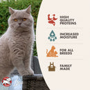 Gray cat sitting outdoors with a product label about high-quality proteins, increased moisture, and family-made production.