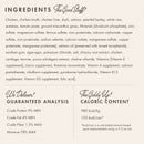 Ingredients list and nutritional information for a pet food product on a white background.