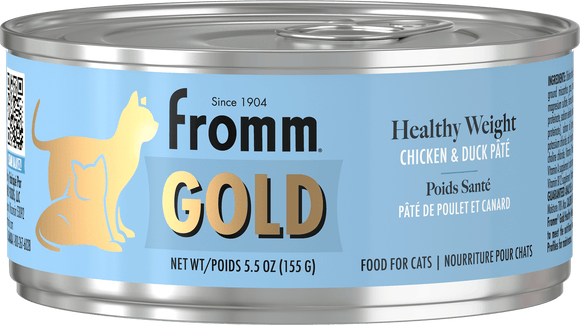 Can of Fromm Gold Healthy Weight Chicken & Duck Pate for cats on a black background