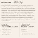Ingredients list and nutritional information for a pet food product on a white background.