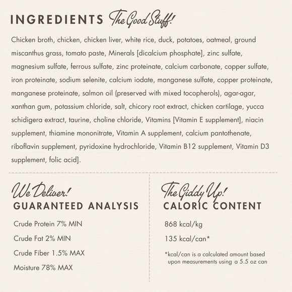 Ingredients list and nutritional information for a pet food product on a white background.