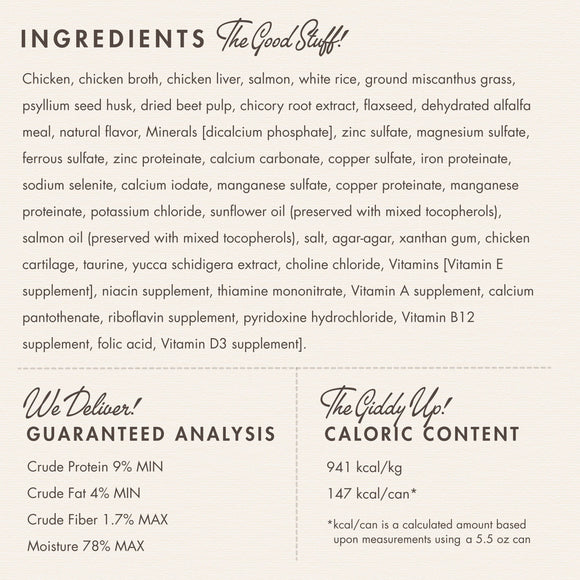 Product label with ingredients, guaranteed analysis, and caloric content details.