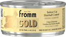 Can of Fromm Gold Indoor Cat Hairball Control cat food with a yellow label.