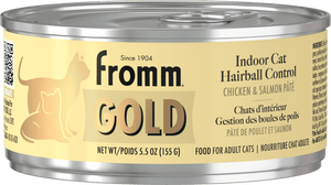 Can of Fromm Gold Indoor Cat Hairball Control cat food with a yellow label.