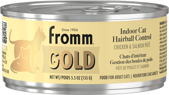 Can of Fromm Gold Indoor Cat Hairball Control cat food with a yellow label.