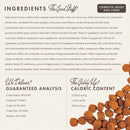 Dog food ingredient list with product name and nutritional information.