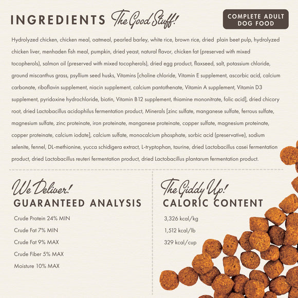 Dog food ingredient list with product name and nutritional information.