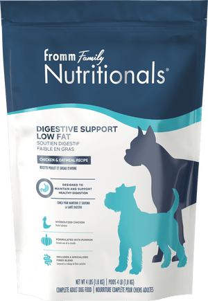 Dog food package with 'Fromm Family Nutritionals' branding on a blue and white background
