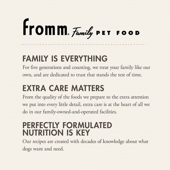Fromm Family Pet Food advertisement with text about their commitment to pet care.