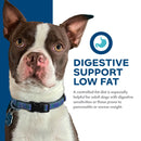Dog with a blue and white background and text about digestive support and low fat diet.