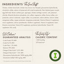 Dog food ingredient list and nutritional information on a white background
