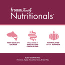 Fromm Family Nutritionals product label with icons and text on a purple and white background