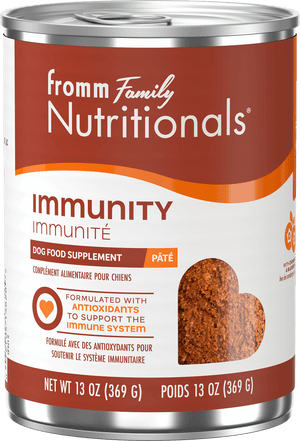 Can of Fromm Family Nutritionals Immunity dog food supplement on a white background