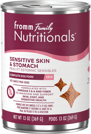 Can of Fromm Family Nutritionals Sensitive Skin & Stomach dog food on a white background