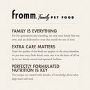 Fromm Family Pet Food advertisement with text about their commitment to pet care.