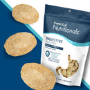 Dog treats with a 'fromm family nutritionals' package on a blue background