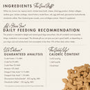 Dog food packaging with ingredient list, daily feeding recommendation, and guaranteed analysis on a beige background.