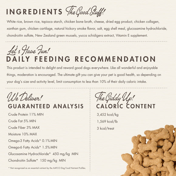 Dog food packaging with ingredient list, daily feeding recommendation, and guaranteed analysis on a beige background.