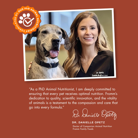 Woman with a dog on a brown background with a quote from Dr. Danielle Opetz.