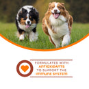 Two dogs running on grass with a product label about antioxidants and immune system support.