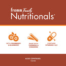 Fromm Family Nutritionals product label with icons and text on a brown and white background