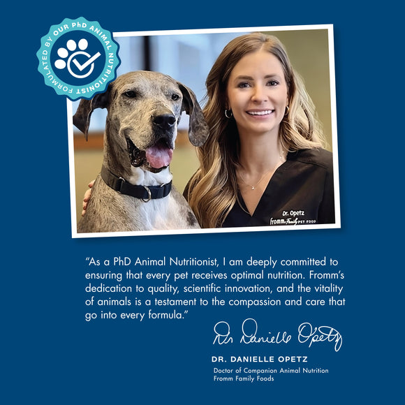 Woman with a dog on a blue background with text and a logo.