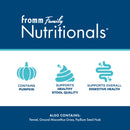 Fromm Family Nutritionals product label with icons and text on a blue and white background
