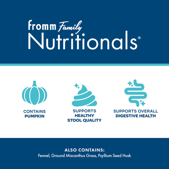 Fromm Family Nutritionals product label with icons and text on a blue and white background