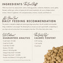 Dog food packaging with ingredient list, feeding recommendation, and nutritional information.