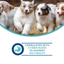 Puppies with a fiber blend for gut health text and logo