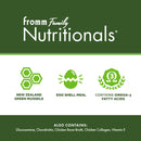 fromm Family Nutritionals product label with green hexagon, egg, and omega-3 icons on a green and white background.