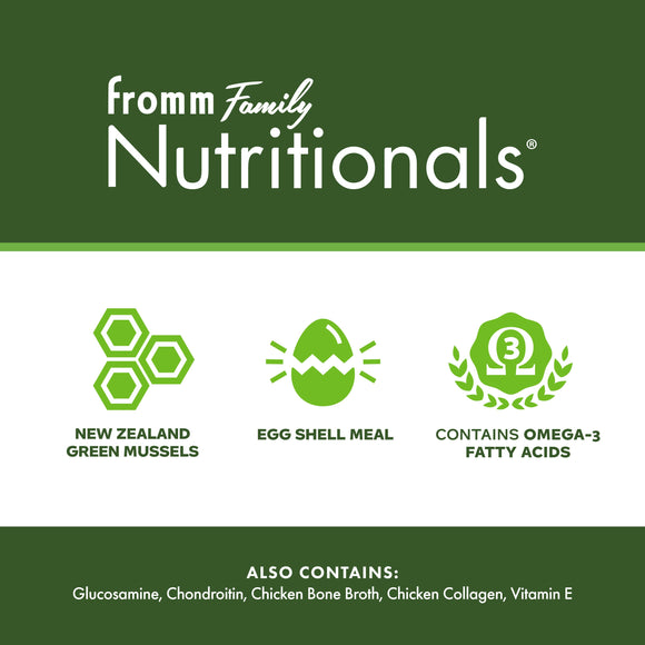 fromm Family Nutritionals product label with green hexagon, egg, and omega-3 icons on a green and white background.