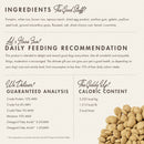 Dog food packaging with ingredients list, daily feeding recommendation, guaranteed analysis, and caloric content.