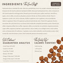 Dog food label with ingredients list, guaranteed analysis, and caloric content on a white background.