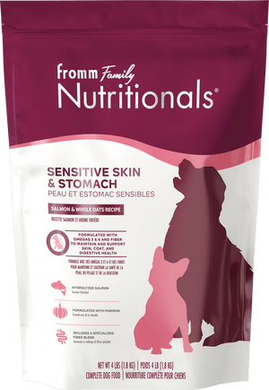 Fromm Family Nutritionals dog food package for sensitive skin and stomach on a white background