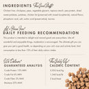 Ingredients list and feeding recommendation for a pet food product on a white background.