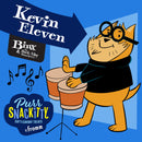 Cartoon cat playing drums with promotional text for Kevin Eleven and Binx on a blue background