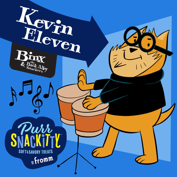 Cartoon cat playing drums with promotional text for Kevin Eleven and Binx on a blue background