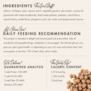 Cat food packaging with ingredient list, feeding recommendation, guaranteed analysis, and caloric content.