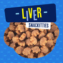Cat treats labeled 'Liver Snackitties' on a blue background with cat illustrations.