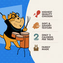 Cartoon dog playing drums with product features on a blue and white background