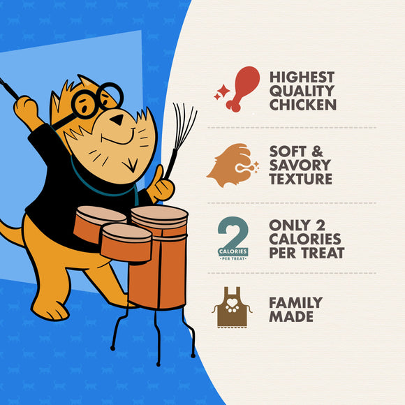Cartoon dog playing drums with product features on a blue and white background