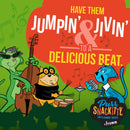 Cartoon animals playing music with text 'Have them Jumpin' & Jivin' to a delicious beat' and 'Purr Snackity' branding.