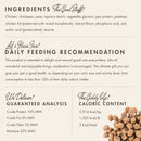 Cat food label with ingredients, feeding recommendation, guaranteed analysis, and caloric content.